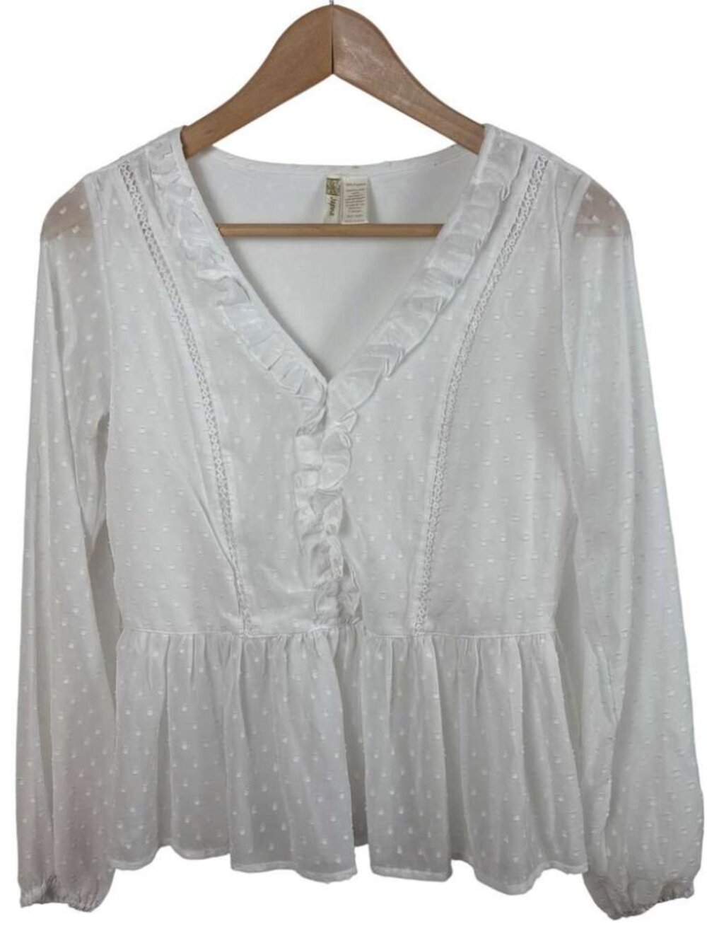 White Ruffled Swiss Dot Peplum V-Neck Blouse Women's Size XS Fairycore